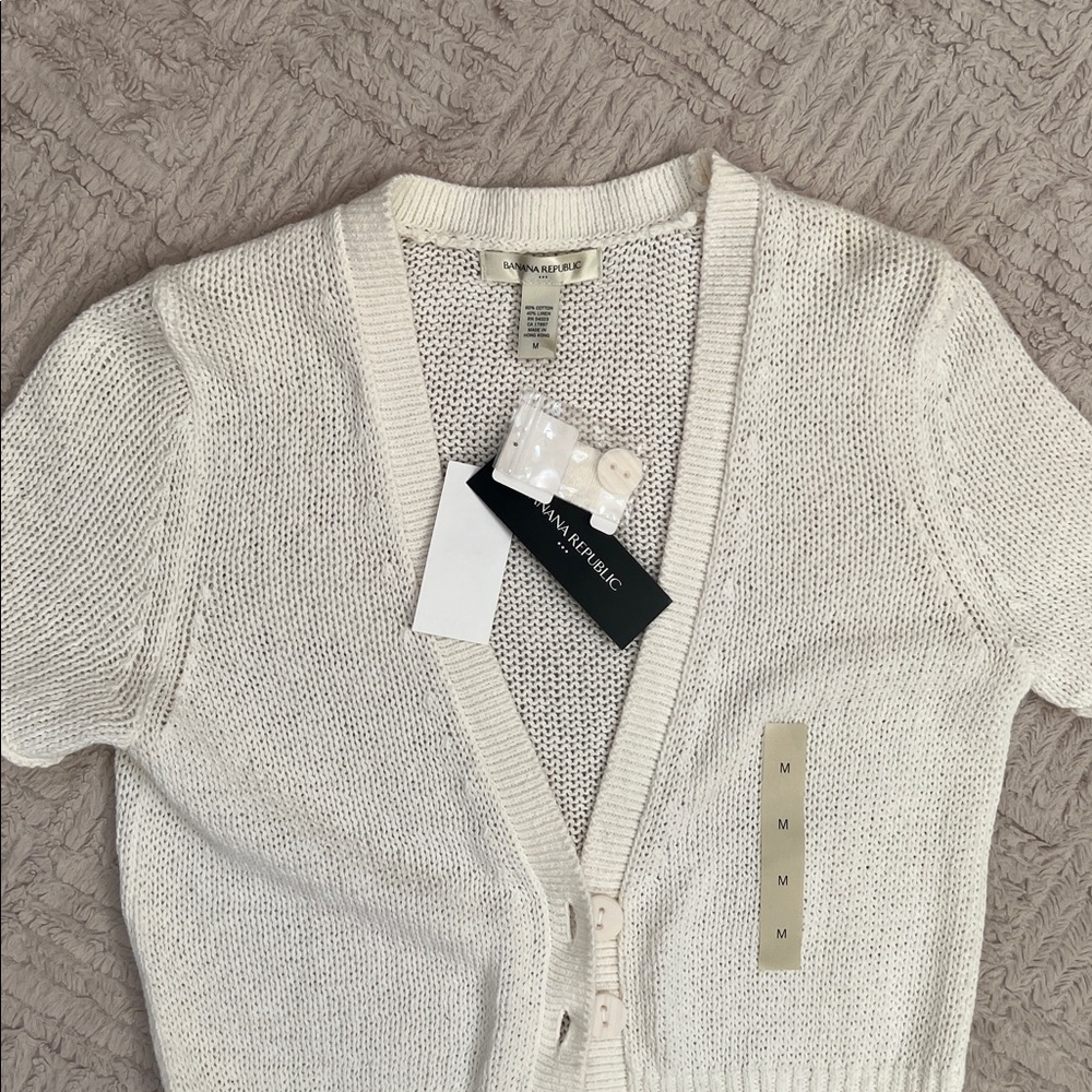White Short Sleeve Cardigan cotton linen blend Size Medium, New - Picture 11 of 16